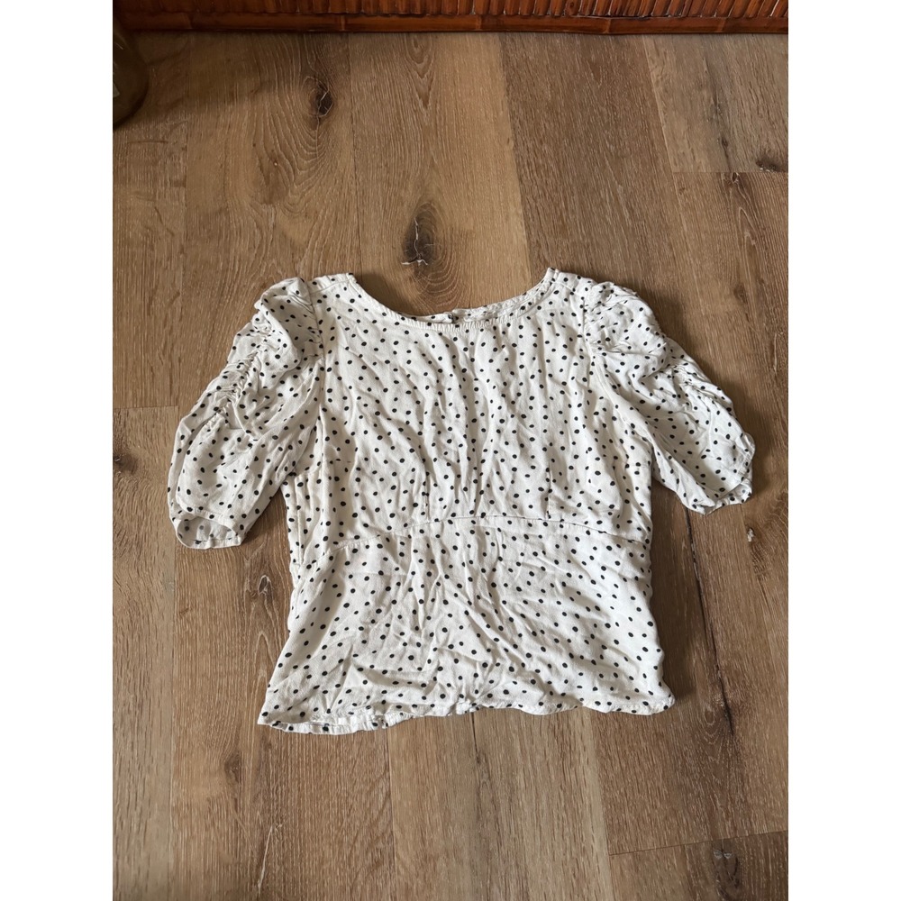 Abercrombie & Fitch Polka‎ Dot Puff Sleeve Blouse White Black Smocked Size S